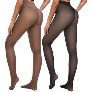 2 Pairs Fleece Lined Tights Women Thermal Leggings Sheer Pantyhose Fake